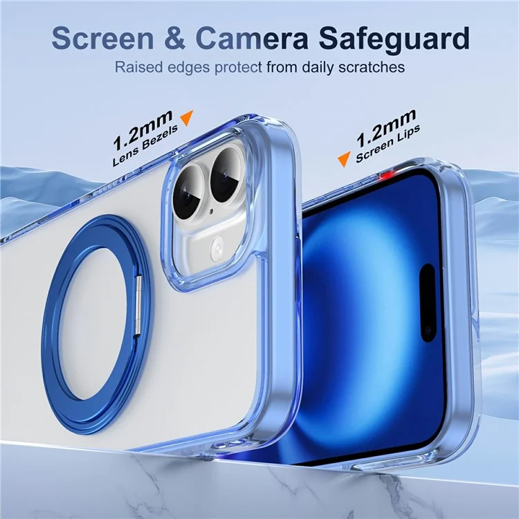 Funda para iPhone 16 Plus con Botón de Control Táctil de Cámara, Soporte Giratorio, Carcasa Magnética de Teléfono PC + TPU - Azul Transparente
