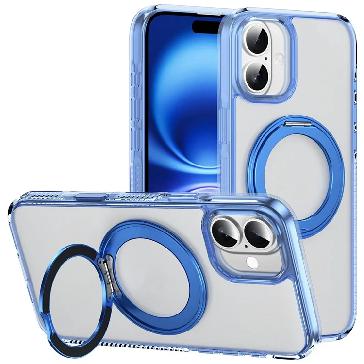 For iPhone 16 Case with Camera Touch Control Button Rotating Kickstand PC + TPU Magnetic Phone Cover - Transparent Blue