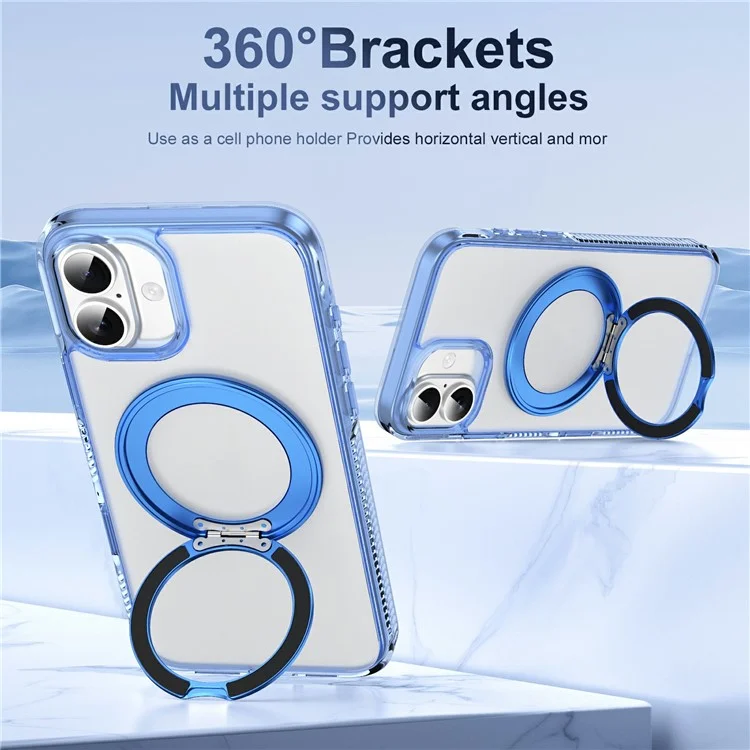 For iPhone 16 Case with Camera Touch Control Button Rotating Kickstand PC + TPU Magnetic Phone Cover - Transparent Blue