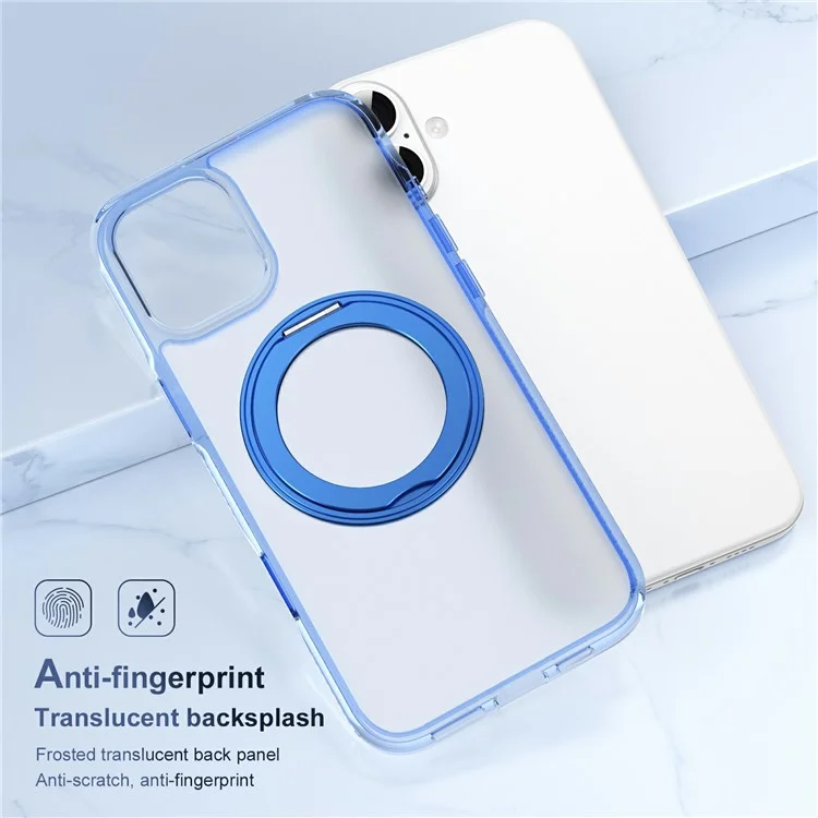 For iPhone 16 Case with Camera Touch Control Button Rotating Kickstand PC + TPU Magnetic Phone Cover - Transparent Blue