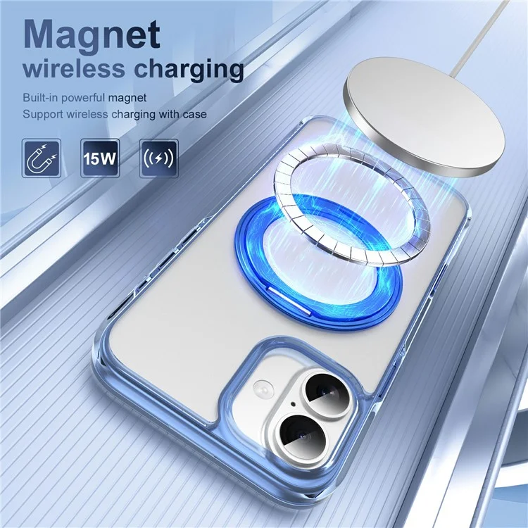 For iPhone 16 Case with Camera Touch Control Button Rotating Kickstand PC + TPU Magnetic Phone Cover - Transparent Blue