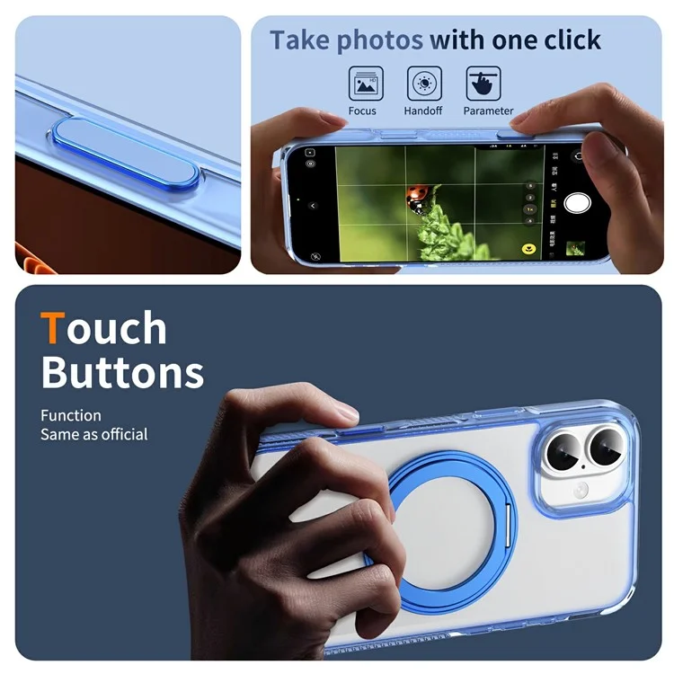 For iPhone 16 Case with Camera Touch Control Button Rotating Kickstand PC + TPU Magnetic Phone Cover - Transparent Blue