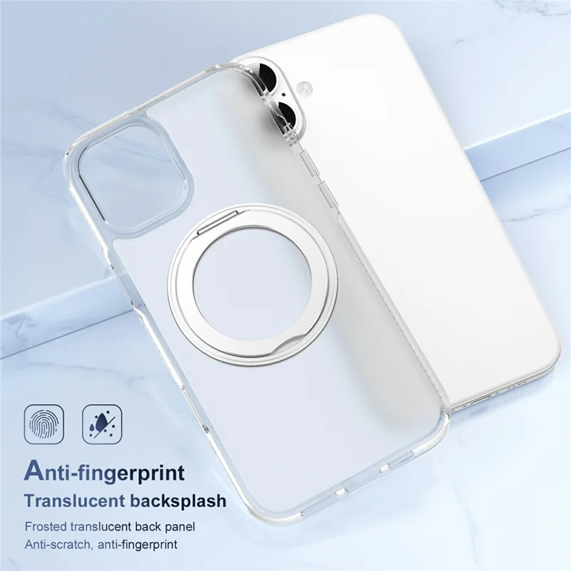For iPhone 16 Case with Camera Touch Control Button Rotating Kickstand PC + TPU Magnetic Phone Cover - Transparent