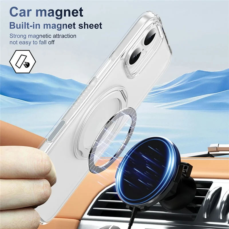 For iPhone 16 Case with Camera Touch Control Button Rotating Kickstand PC + TPU Magnetic Phone Cover - Transparent