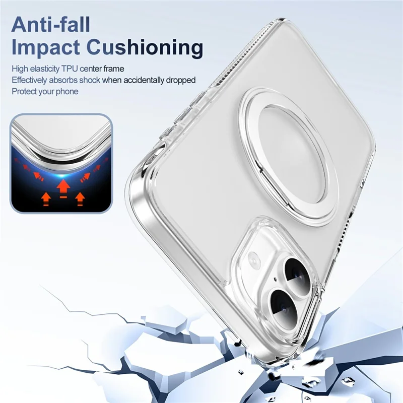 For iPhone 16 Case with Camera Touch Control Button Rotating Kickstand PC + TPU Magnetic Phone Cover - Transparent