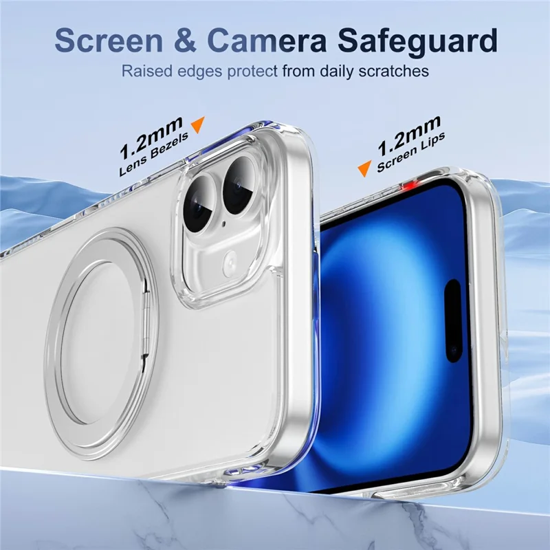 For iPhone 16 Case with Camera Touch Control Button Rotating Kickstand PC + TPU Magnetic Phone Cover - Transparent