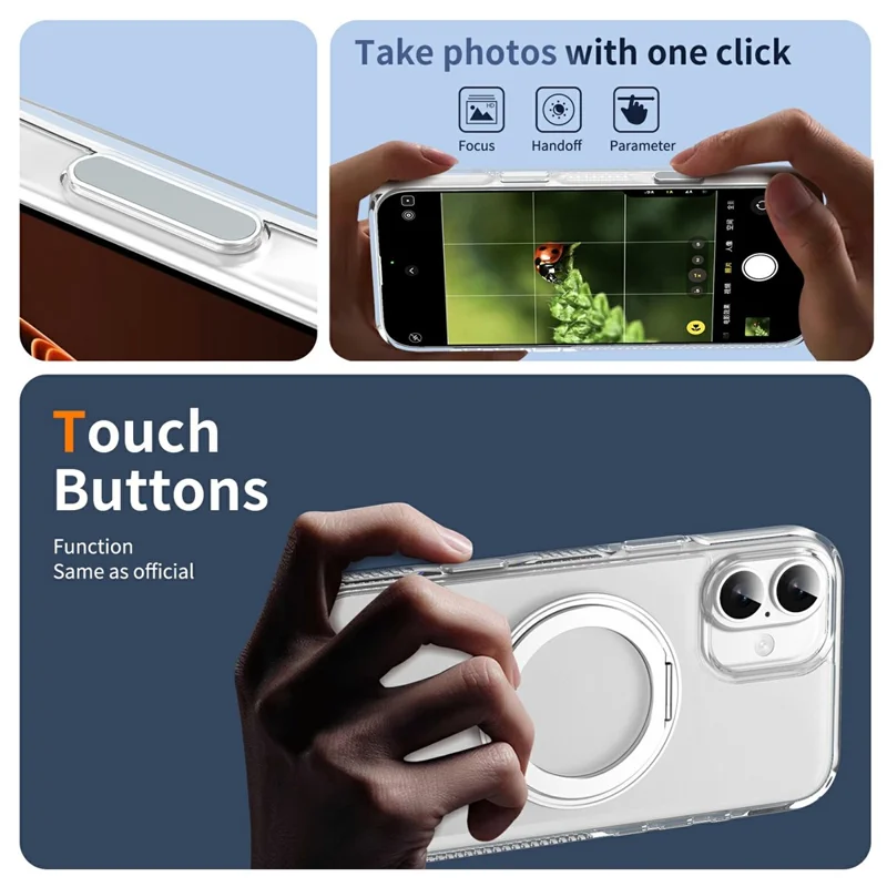 For iPhone 16 Case with Camera Touch Control Button Rotating Kickstand PC + TPU Magnetic Phone Cover - Transparent