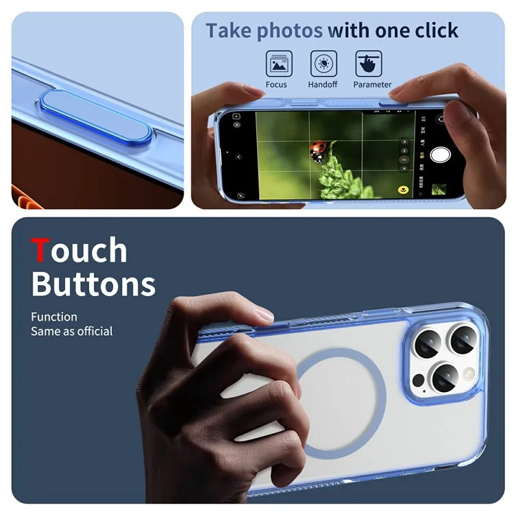 For iPhone 16 Pro Case with Camera Touch Control Button PC + TPU Phone Cover Compatible with MagSafe - Transparent Blue