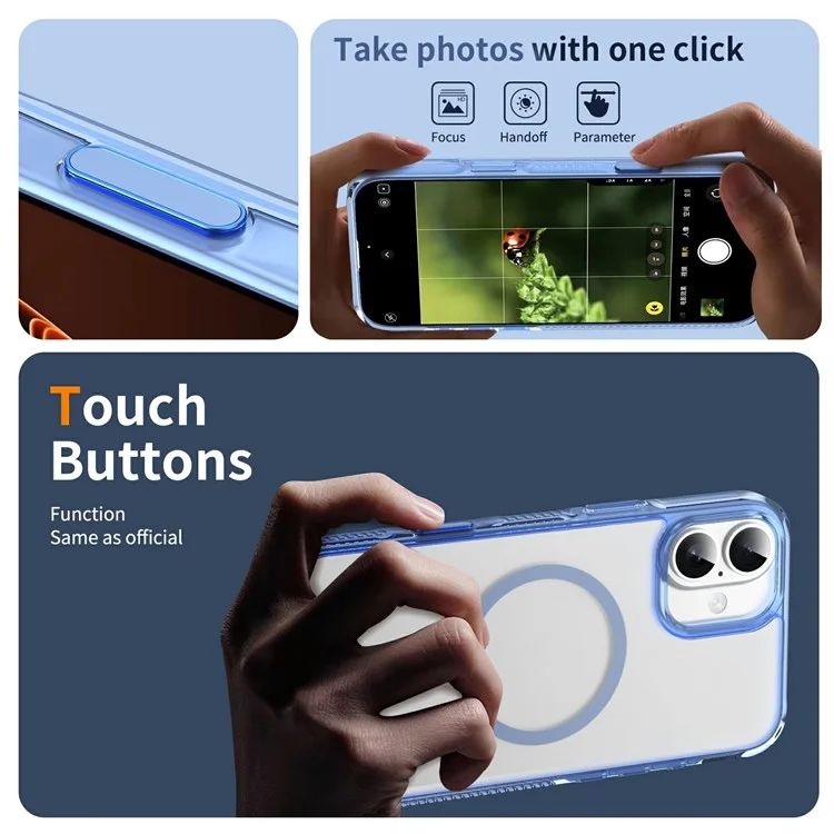 For iPhone 16 Plus Case with Camera Touch Control Button PC + TPU Phone Cover Compatible with MagSafe - Transparent Blue