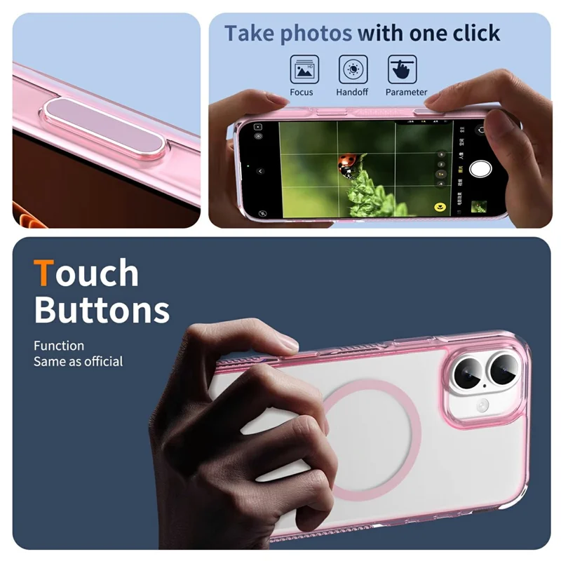 For iPhone 16 Plus Case with Camera Touch Control Button PC + TPU Phone Cover Compatible with MagSafe - Transparent Pink