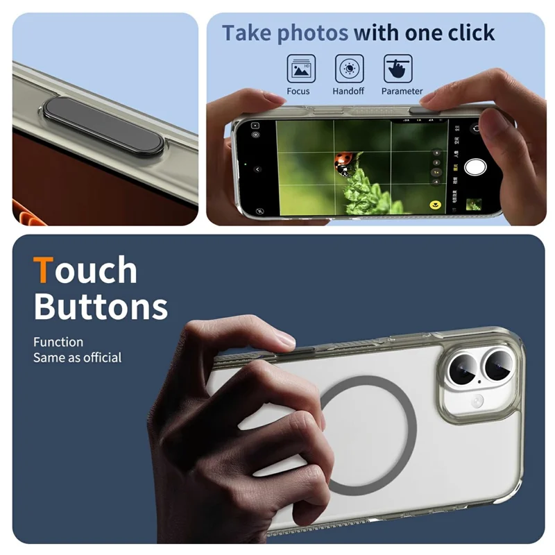 For iPhone 16 Plus Case with Camera Touch Control Button PC + TPU Phone Cover Compatible with MagSafe - Transparent Grey