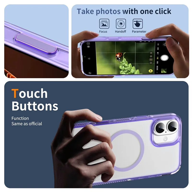For iPhone 16 Case with Camera Touch Control Button PC + TPU Phone Cover Compatible with MagSafe - Transparent Purple