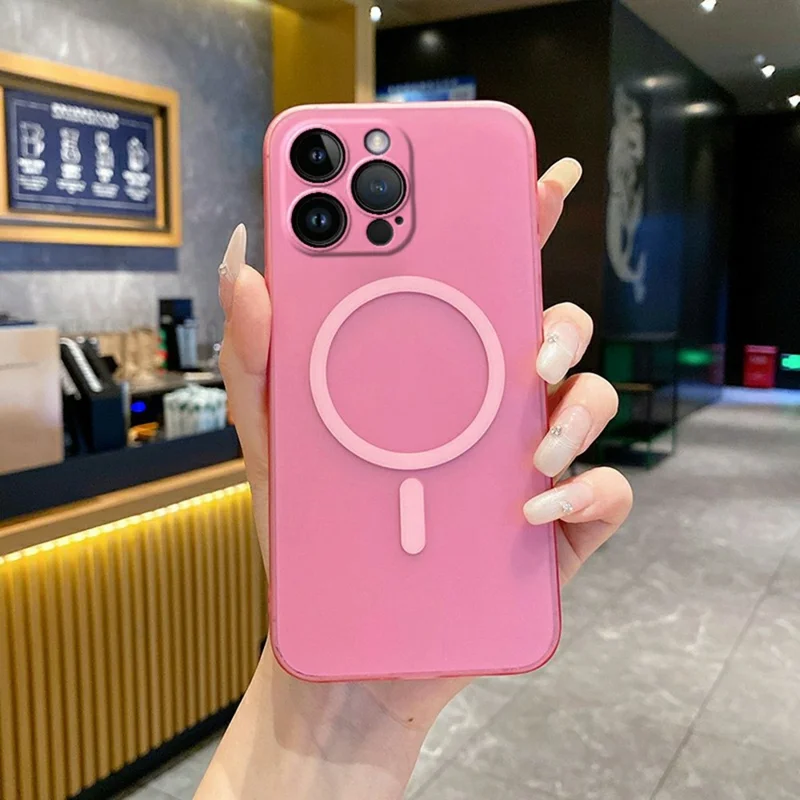 For iPhone 14 Pro Max Magnetic Case Compatible with MagSafe Frosted PC Phone Cover with Camera Lens Protector - Transparent Pink