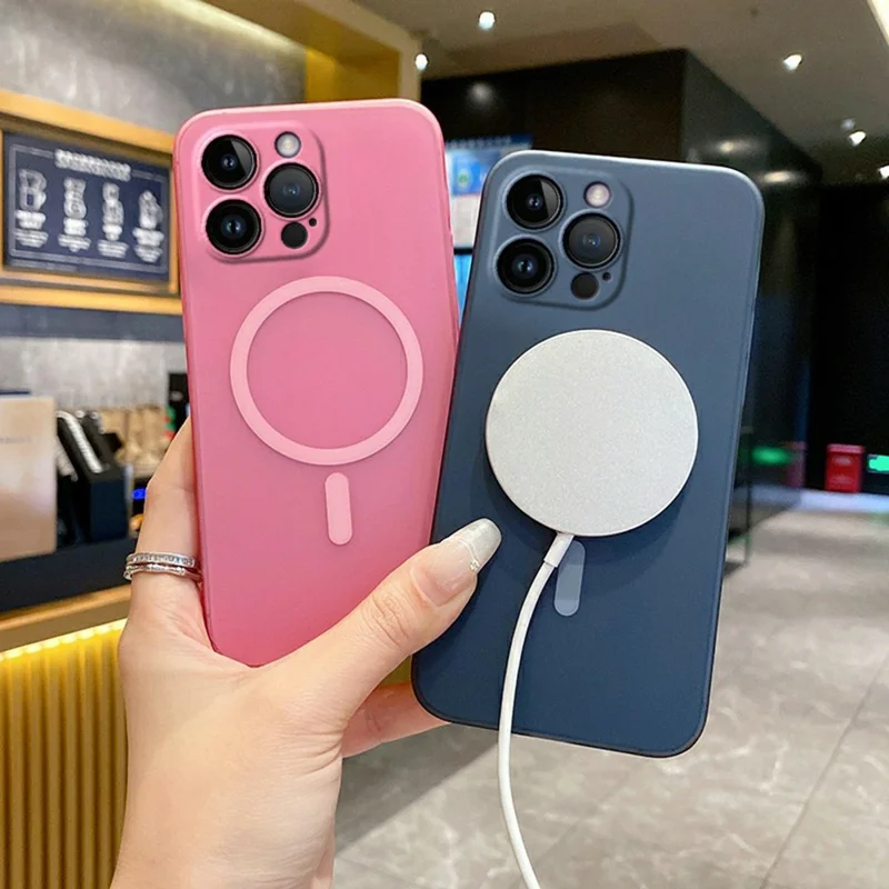 For iPhone 14 Pro Max Magnetic Case Compatible with MagSafe Frosted PC Phone Cover with Camera Lens Protector - Transparent Pink