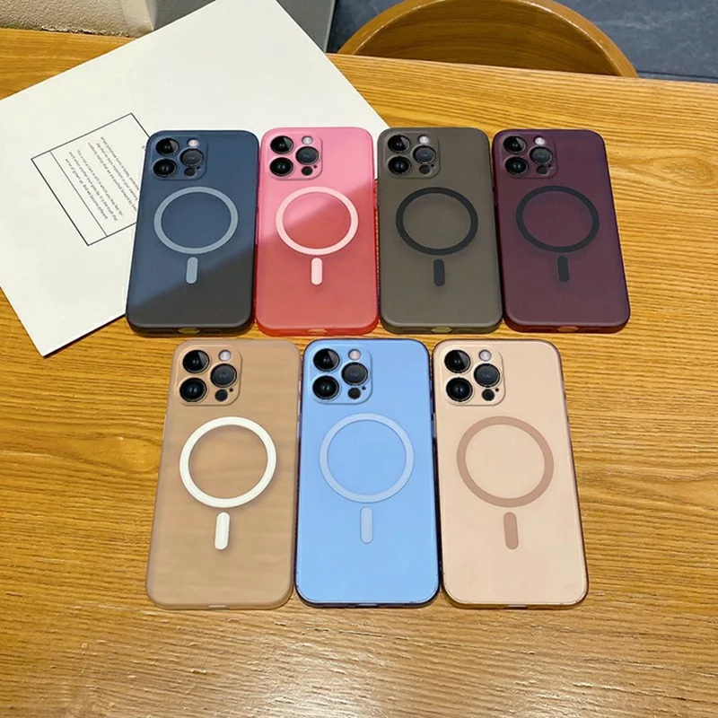For iPhone 14 Pro Max Magnetic Case Compatible with MagSafe Frosted PC Phone Cover with Camera Lens Protector - Transparent Pink