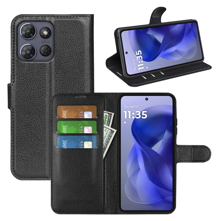 Funda de piel tipo textura de cuero con billetera para Motorola Moto G Power (2025), resistente a golpes - Negro