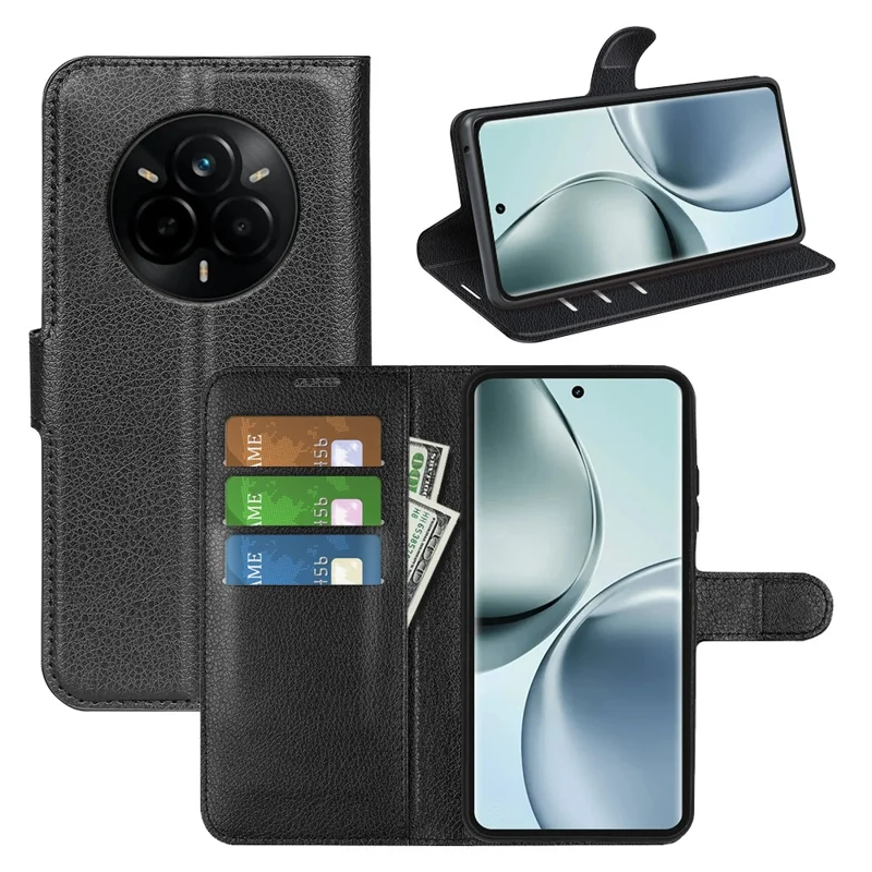 Futera na Realme 14 Pro 5G, etui portfelik z udramęteksturą litchi, odporno na wstrząsy, z kieszenią na karty - Czarny