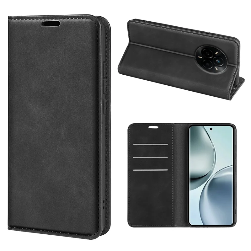 Realme 14 Pro 5G hoesje met softtouch lederen portemonneebehuizing - Zwart