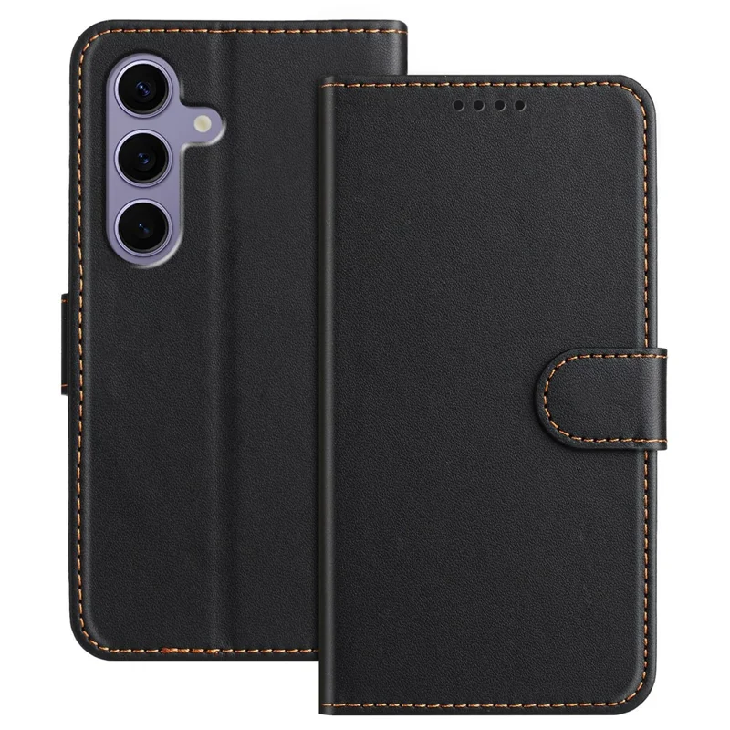Für Samsung Galaxy S25 Lederhülle mit magnetischem Verschluss, Brieftaschenfunktion und Ständer, Einfarbig, Stoßfeste Handyhülle mit Umhängeband - Schwarz
