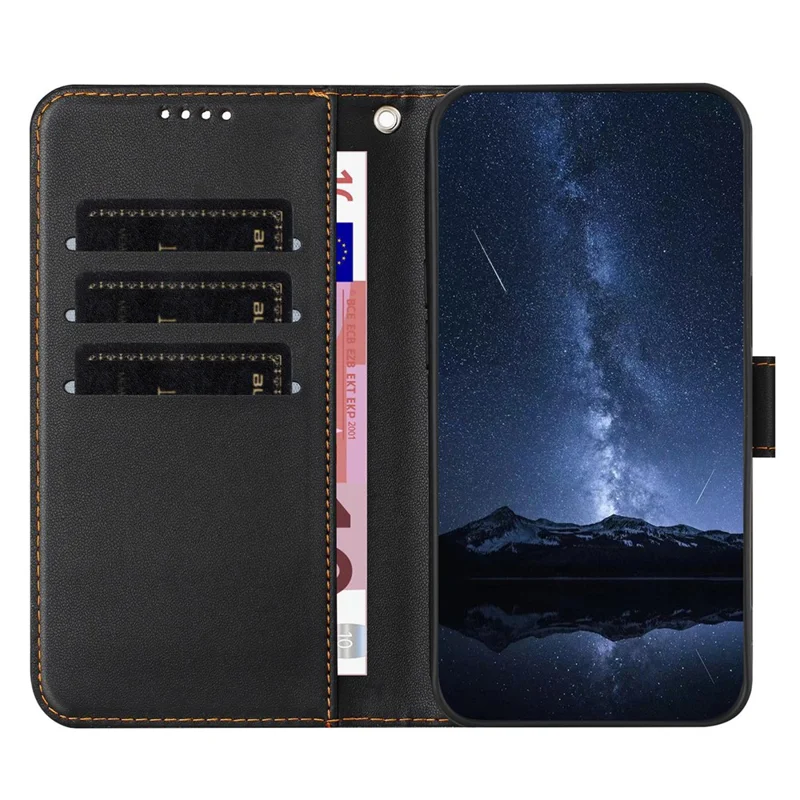 Für Samsung Galaxy S25 Lederhülle mit magnetischem Verschluss, Brieftaschenfunktion und Ständer, Einfarbig, Stoßfeste Handyhülle mit Umhängeband - Schwarz