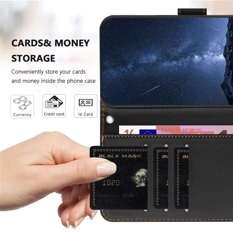 Für Samsung Galaxy S25 Lederhülle mit magnetischem Verschluss, Brieftaschenfunktion und Ständer, Einfarbig, Stoßfeste Handyhülle mit Umhängeband - Schwarz