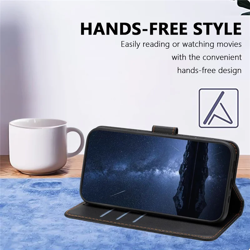 Für Samsung Galaxy S25 Lederhülle mit magnetischem Verschluss, Brieftaschenfunktion und Ständer, Einfarbig, Stoßfeste Handyhülle mit Umhängeband - Schwarz