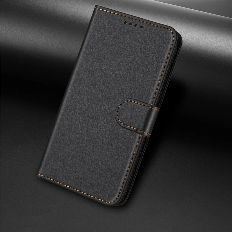 Für Samsung Galaxy S25 Lederhülle mit magnetischem Verschluss, Brieftaschenfunktion und Ständer, Einfarbig, Stoßfeste Handyhülle mit Umhängeband - Schwarz