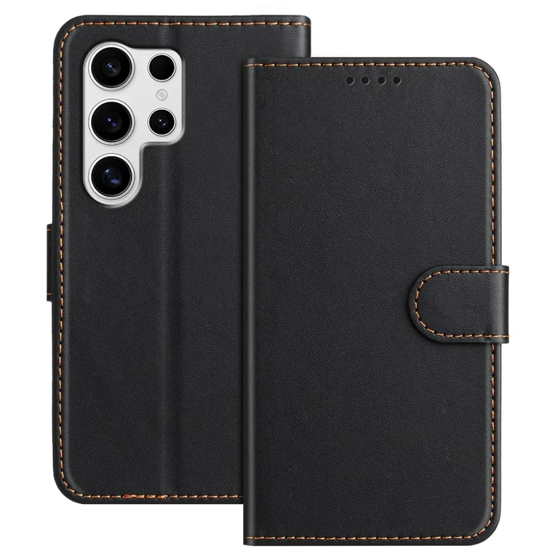 For Samsung Galaxy S25 Ultra Leather Case Wallet Stand Solid Color Anti Drop Phone Cover - Black