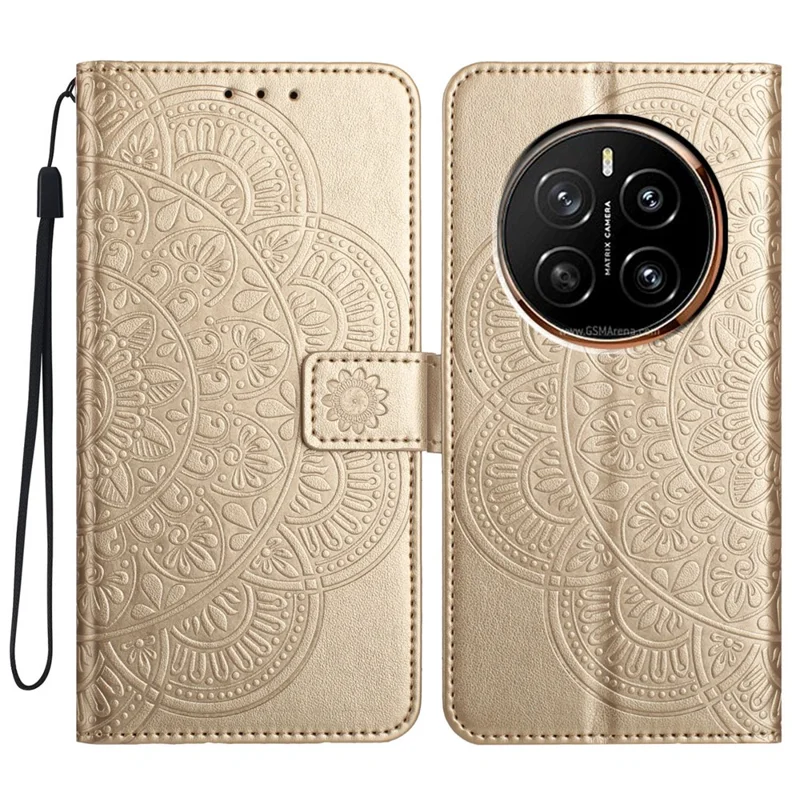 For Honor Magic7 Pro 5G Wallet Phone Case Butterfly Floral Imprint Leather Flip Cover with Strap - Gold