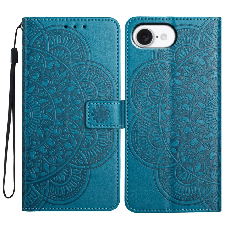 For iPhone 16e Wallet Phone Case Butterfly Floral Imprint Leather Flip Cover with Strap - Blue