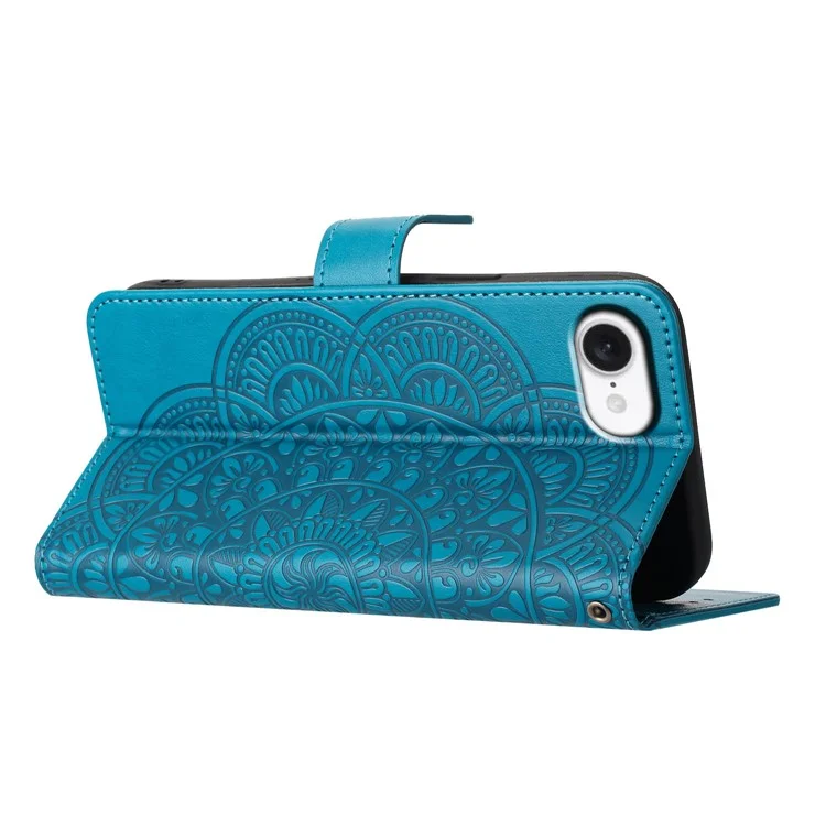 For iPhone 16e Wallet Phone Case Butterfly Floral Imprint Leather Flip Cover with Strap - Blue