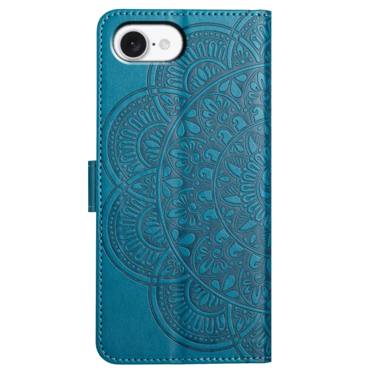 For iPhone 16e Wallet Phone Case Butterfly Floral Imprint Leather Flip Cover with Strap - Blue
