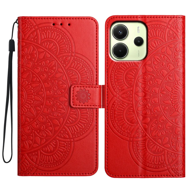 Für Xiaomi Redmi Note 14 4G (163,25x76,55x8,16 mm) Brieftasche Handyhülle Schmetterling Blumenmuster Leder Flip Cover mit Trageriemen - Rot