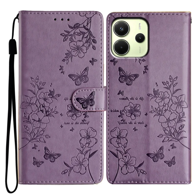 Für Xiaomi Redmi Note 14 4G (163,25x76,55x8,16 mm) Brieftasche Handyhülle Schmetterling Blumenmuster Leder Flip Cover mit Trageriemen - Lila