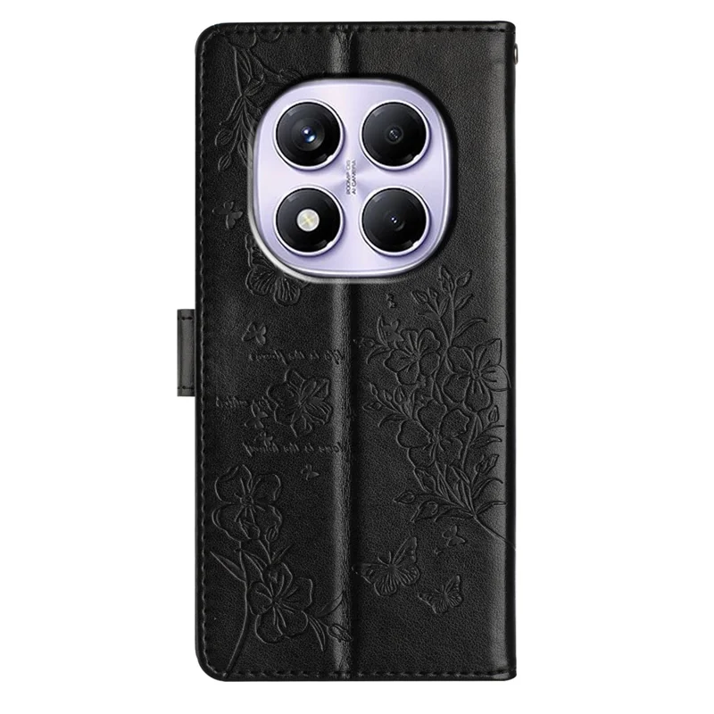 Für Xiaomi Redmi Note 14 Pro 4G Geldbörsen-Handyhülle Schmetterling Blumenmuster Leder Flip Cover mit Trageriemen - Schwarz