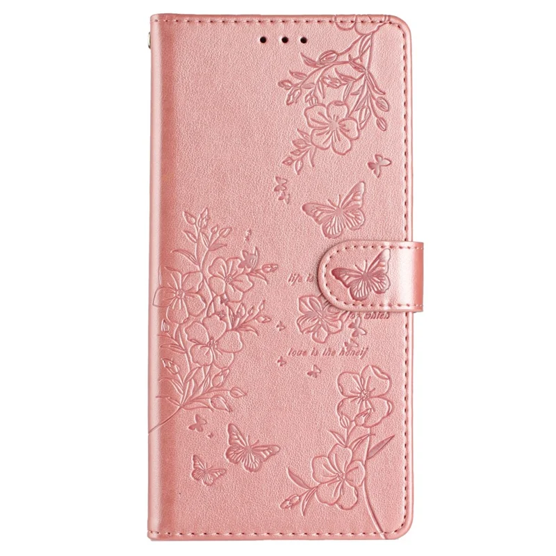 For Samsung Galaxy S25 Edge Wallet Phone Case Butterfly Floral Imprint Leather Flip Cover with Strap - Rose Gold