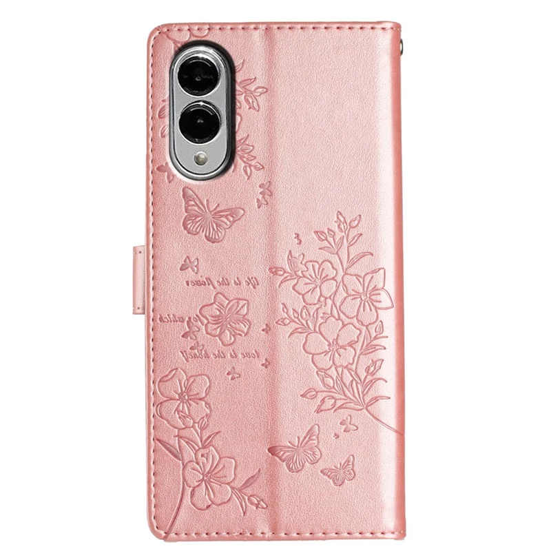 For Samsung Galaxy S25 Edge Wallet Phone Case Butterfly Floral Imprint Leather Flip Cover with Strap - Rose Gold