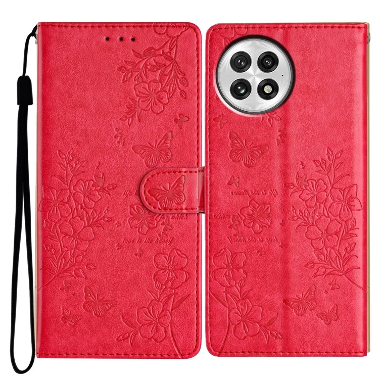 For OnePlus 13 Wallet Phone Case Butterfly Floral Imprint Leather Flip Cover with Strap - Red