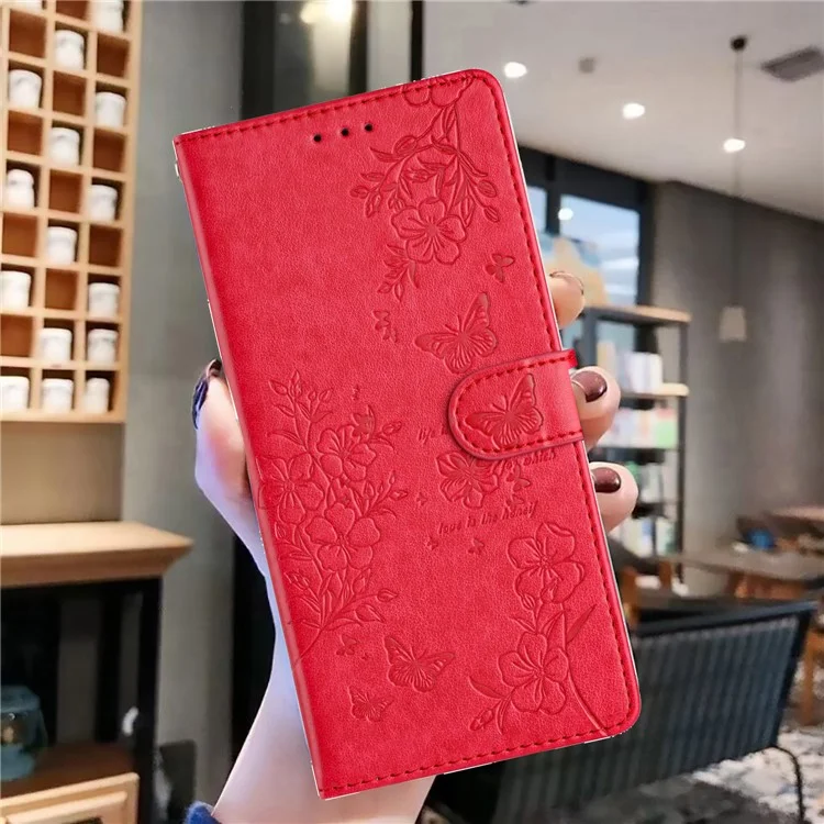 For OnePlus 13 Wallet Phone Case Butterfly Floral Imprint Leather Flip Cover with Strap - Red