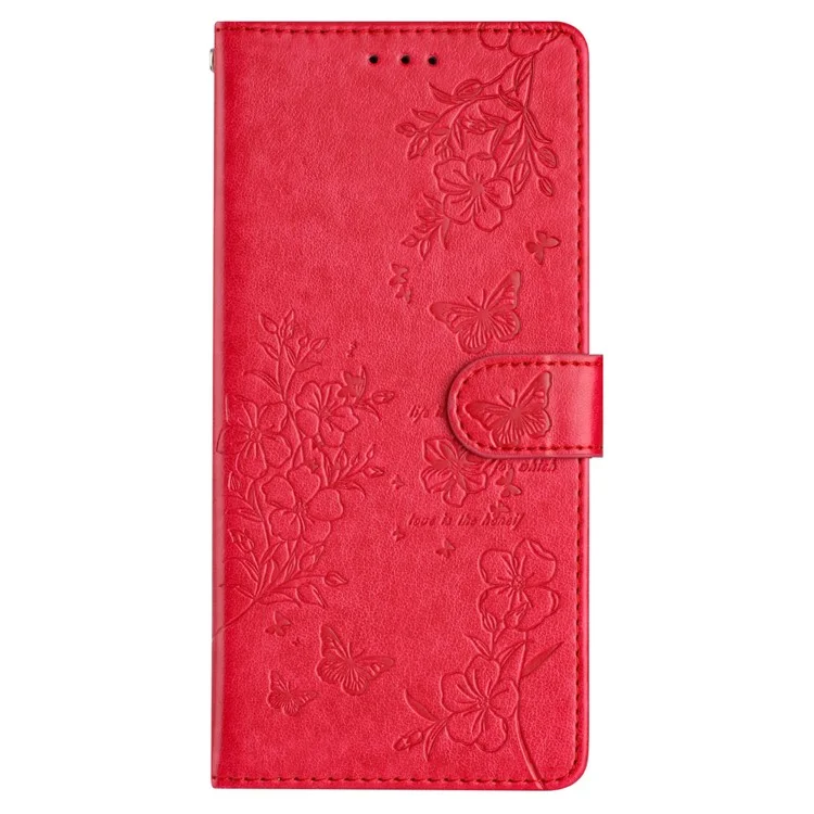 For OnePlus 13 Wallet Phone Case Butterfly Floral Imprint Leather Flip Cover with Strap - Red