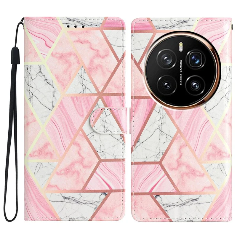 For Honor Magic7 Pro 5G Wallet Case PU Leather Pattern Printing Stand Phone Cover with Strap - Pink Marble