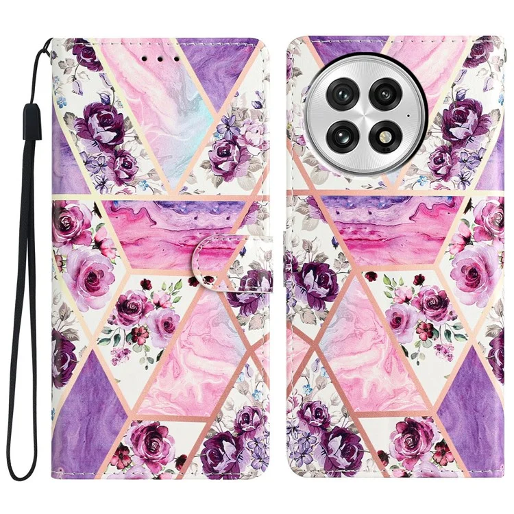 Funda Tipo Cartera para OnePlus 13 de Cuero PU con Estampado de Flores, Soporte y Correa - Flores Moradas
