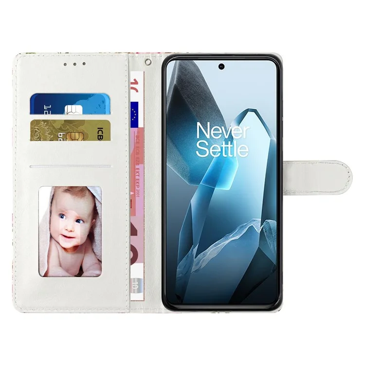 Funda Tipo Cartera para OnePlus 13 de Cuero PU con Estampado de Flores, Soporte y Correa - Flores Moradas