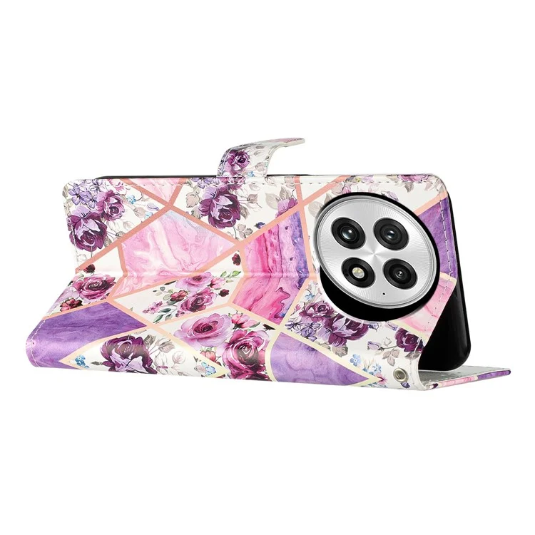 Funda Tipo Cartera para OnePlus 13 de Cuero PU con Estampado de Flores, Soporte y Correa - Flores Moradas