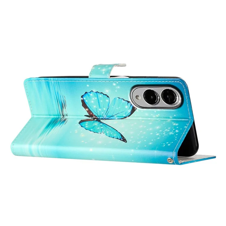 For Samsung Galaxy S25 Edge Wallet Case PU Leather Pattern Printing Stand Phone Cover with Strap - Blue Butterfly