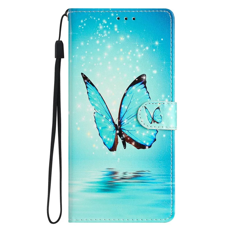 For Samsung Galaxy S25 Edge Wallet Case PU Leather Pattern Printing Stand Phone Cover with Strap - Blue Butterfly