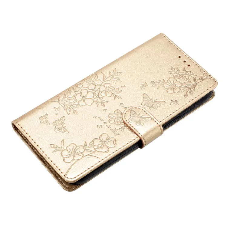 For iPhone 16e Wallet Phone Case Butterfly Floral Imprint Leather Flip Cover with Strap - Gold