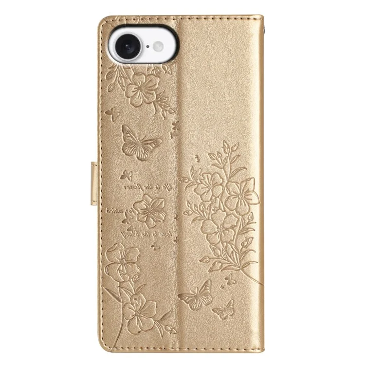 For iPhone 16e Wallet Phone Case Butterfly Floral Imprint Leather Flip Cover with Strap - Gold