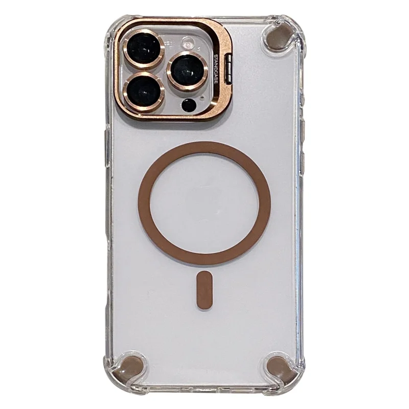 For iPhone 16 Pro Magnetic Clear Case Shockproof Hybrid Phone Shell with Camera Lens Frame Kickstand - Brown