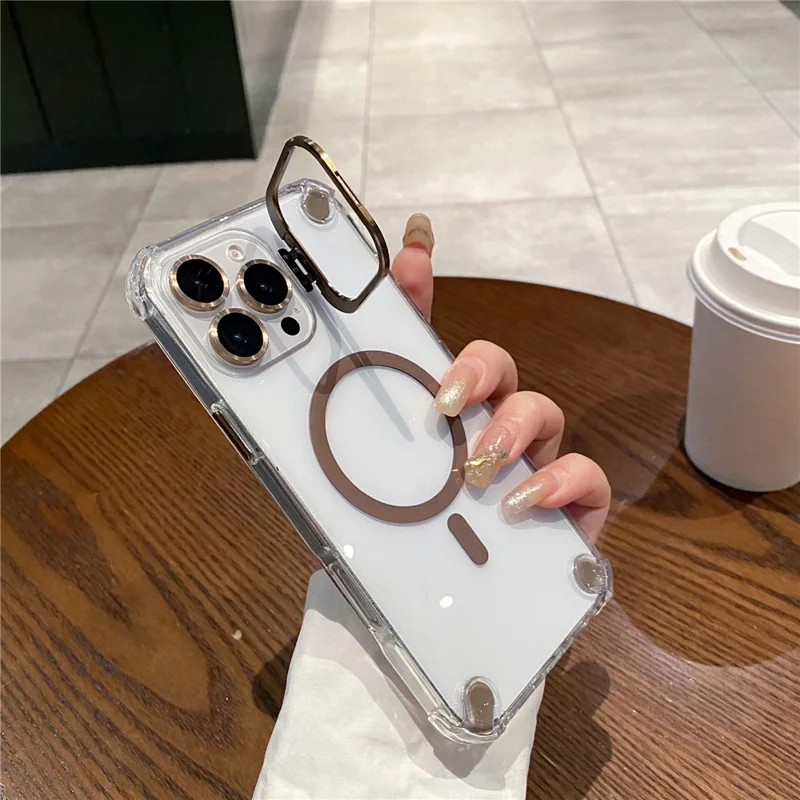 For iPhone 16 Pro Magnetic Clear Case Shockproof Hybrid Phone Shell with Camera Lens Frame Kickstand - Brown